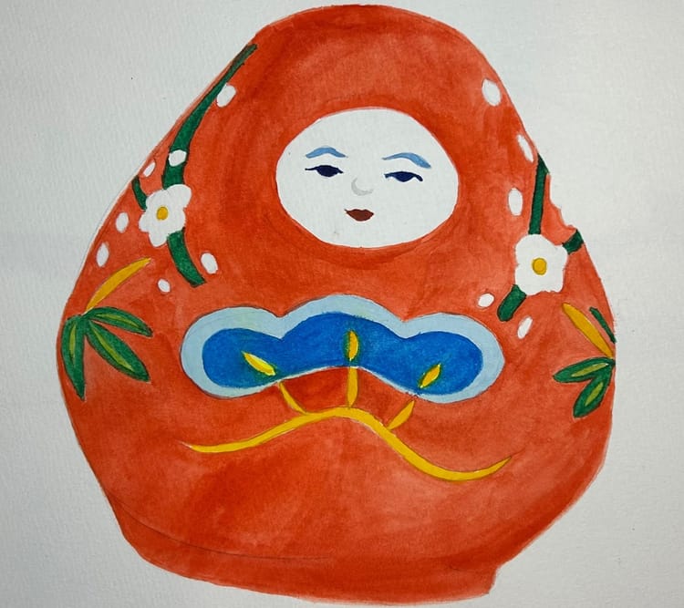A watercolor painting of a small reddish orange figurine decorated with white flowers and greenery with a tiny pale face. 